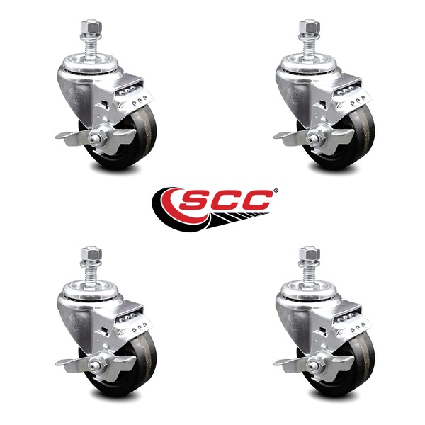 3 Inch Phenolic Wheel Swivel 3/8 Inch Threaded Stem Caster Set with Brake SCC